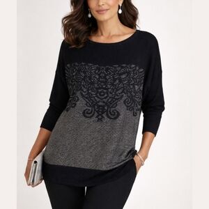 ROZ & ALI Half Sleeve Black Knit Sweater Blouse Metallic Jaquard Filagree Front